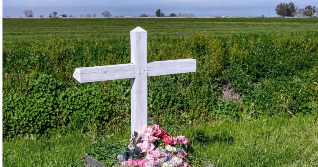 roadside white cross memorial by field with flowers